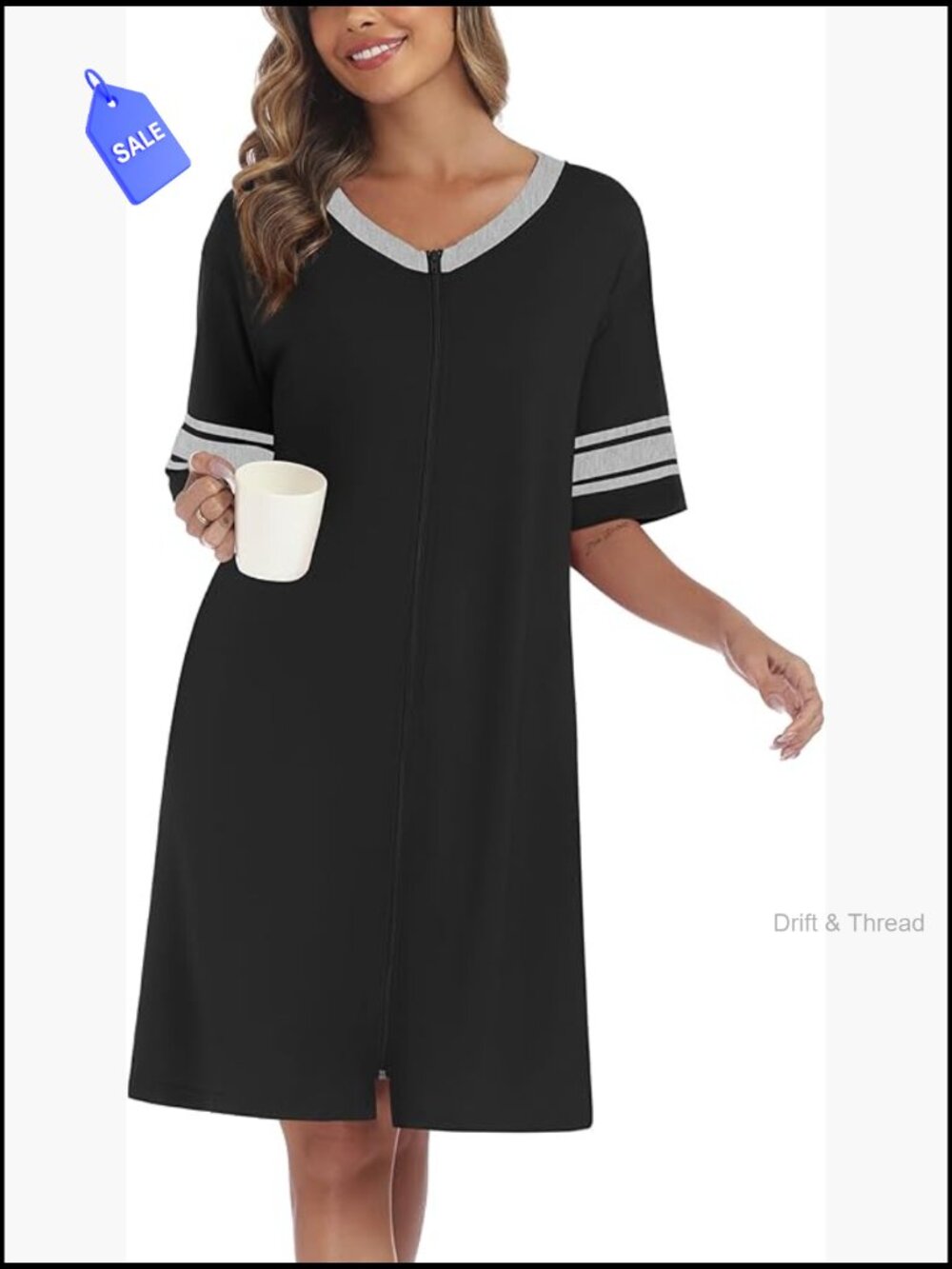 Zipper Robe Short Sleeve Lightweight Sleepwear with Pockets S-3XL